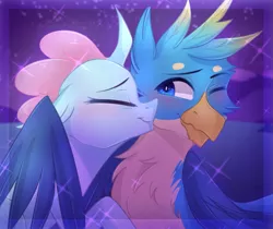 Size: 951x800 | Tagged: safe, artist:waterz-colrxz, derpibooru import, gallus, ocellus, changedling, changeling, gryphon, digital art, eyes closed, female, kissing, kiss on the cheek, luslus, male, shipping, straight