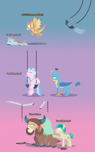 Size: 2998x4788 | Tagged: safe, artist:gd_inuk, derpibooru import, gallus, ocellus, sandbar, silverstream, smolder, yona, changedling, changeling, classical hippogriff, dragon, earth pony, gryphon, hippogriff, pony, yak, blank eyes, bow, broken, concerned, consoling, denial, dialogue, dragoness, empty eyes, female, flying, frown, gallus is not amused, gradient background, hair bow, horns, inktober, inktober 2019, jewelry, lineless, male, monkey swings, necklace, no, no mouth, no pupils, quadrupedal, sad, sitting, student six, stylized, swing, swing set, unamused