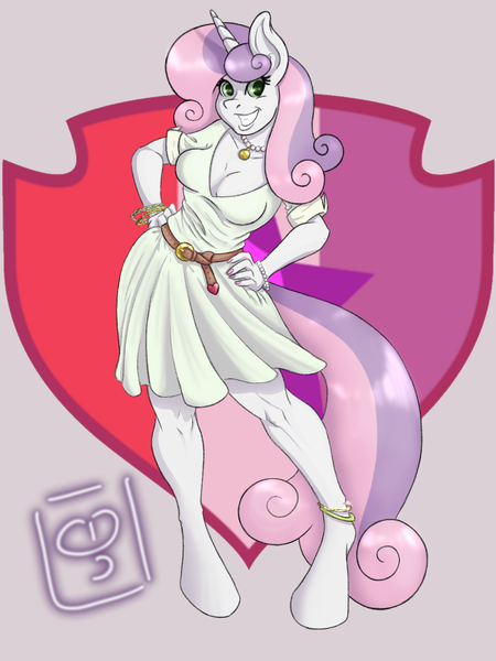 Size: 1080x1440 | Tagged: safe, artist:dimvitrarius, derpibooru import, apple bloom, scootaloo, sweetie belle, anthro, unguligrade anthro, unicorn, growing up is hard to do, anklet, bracelet, breasts, busty sweetie belle, clothes, cutie mark crusaders, dress, female, jewelry, looking at you, nail polish, necklace, older, older sweetie belle, painted nails, simple background, smiling, solo