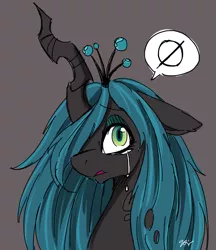 Size: 1153x1337 | Tagged: artist:9air, bust, changeling, changeling queen, crying, derpibooru import, female, pictogram, queen chrysalis, sad, safe, simple background, solo, source needed