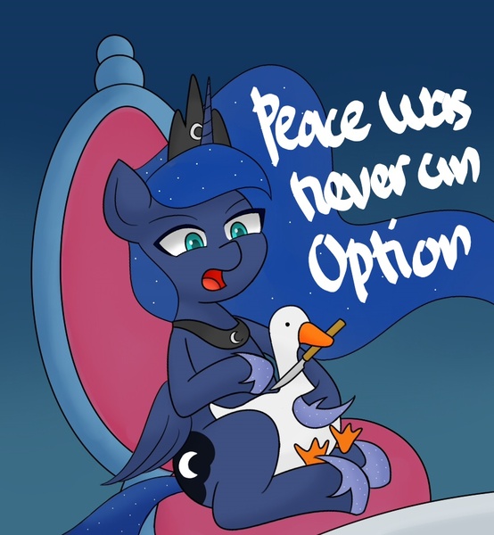 Size: 870x943 | Tagged: safe, artist:handgunboi, derpibooru import, princess luna, alicorn, bird, goose, pony, sparkle's seven, ethereal mane, female, hoof shoes, knife, luna petting goose, mare, mouth hold, peace was never an option, sitting, solo, speech, starry mane, talking, throne, untitled goose game