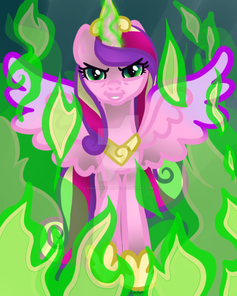 Size: 800x1000 | Tagged: safe, artist:koharuveddette, derpibooru import, princess cadance, queen chrysalis, alicorn, changeling, pony, a canterlot wedding, disguise, disguised changeling, fake cadance, fire, green fire, solo