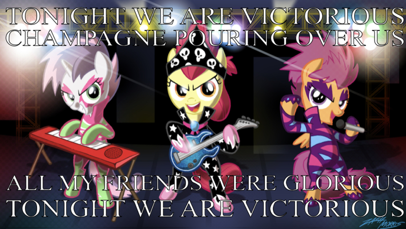 Size: 1218x689 | Tagged: safe, artist:willdrawforfood1, derpibooru import, edit, editor:undeadponysoldier, apple bloom, scootaloo, sweetie belle, earth pony, pegasus, pony, unicorn, band, clothes, cutie mark crusaders, electric guitar, electric piano, female, filly, guitar, keyboard, microphone, musical instrument, panic! at the disco, show stopper outfits, song reference, victorious, word art
