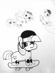 Size: 1440x1920 | Tagged: safe, artist:tjpones, derpibooru import, twilight sparkle, pony, unicorn, cool, female, helmet, knee pads, mare, monochrome, rad, skateboard, sketch, solo, traditional art, twiggie, unicorn twilight