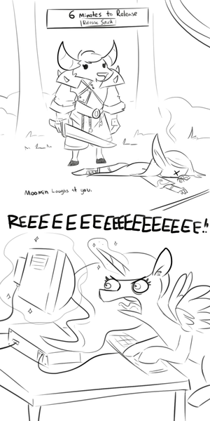 Size: 1080x2160 | Tagged: safe, artist:tjpones, derpibooru import, princess luna, alicorn, elf, night elf, pony, tauren, gamer luna, black and white, comic, computer, glowing horn, grayscale, horn, magic, monochrome, reeee, reeeeeeeeeeeeeeeeeeee, telekinesis, warcraft, weapon, world of warcraft, x eyes