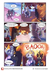 Size: 3541x5016 | Tagged: safe, artist:freeedon, artist:lummh, derpibooru import, oc, oc:appolonia, oc:selendis, pony, unicorn, comic:the lost sun, collaboration, comic, explosion, female, filly, foal, glowing eyes, horn, horn ring, image, magic, magicorn, male, mare, patreon, patreon logo, png, ring, speech bubble, stallion, younger