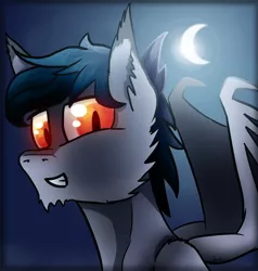 Size: 1384x1452 | Tagged: safe, artist:jesterpi, derpibooru import, oc, bat pony, pony, vampire, vampony, bat pony oc, bat wings, bust, crescent moon, dark, glow, glowing eyes, moody, moon, night, profile picture, smiling, wings