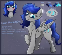 Size: 2284x2036 | Tagged: safe, artist:jesterpi, derpibooru import, oc, oc:cyan moonlight, unofficial characters only, pegasus, pony, abstract background, blushing, commission, female, glow, mare, mare only, reference sheet, smiling, text, wings