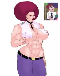 Size: 540x680 | Tagged: suggestive, artist:annon, derpibooru import, mulberry barricade, human, equestria girls, equestria girls series, five lines you need to stand in, spoiler:eqg series (season 2), abs, big breasts, bimbo, breasts, busty mulberry barricade, clothes, ear piercing, earring, female, jewelry, lipstick, makeup, muscles, piercing, security guard, solo, solo female