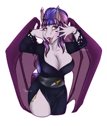 Size: 1239x1461 | Tagged: suggestive, artist:blackblood-queen, derpibooru import, oc, oc:antique rose, unofficial characters only, anthro, bat pony, anthro oc, bat pony oc, bat wings, big breasts, breasts, cleavage, clothes, commission, costume, dress, elvira, eyeshadow, fangs, female, gilf, grandmother, halloween, halloween costume, holiday, huge breasts, lipstick, makeup, mare, nightmare night costume, side slit, signature, simple background, smiling, solo, solo female, transparent background, wings