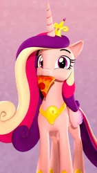 Size: 2304x4096 | Tagged: safe, artist:flushthebatsanta, derpibooru import, princess cadance, alicorn, pony, 3d, abstract background, cute, cutedance, eating, female, food, looking at you, mare, meat, mouth hold, peetzer, pepperoni, pepperoni pizza, pizza, ponies eating meat, puffy cheeks, silly, silly pony, smiling, solo, source filmmaker, that pony sure does love pizza