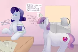 Size: 3000x2000 | Tagged: artist:lupin quill, belly, chest fluff, chubbie belle, chubby, cup, derpibooru import, dialogue, eyes closed, food, kettle, magic, newspaper, older, older sweetie belle, plump, potion, rarity, safe, sitting, sweetie belle, sweetie belly, table, tea, telekinesis, this will end in weight gain, thought bubble