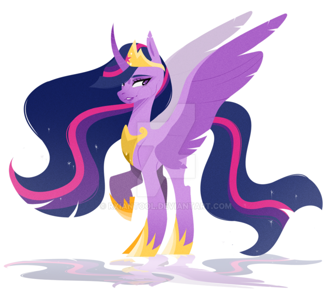 Size: 1280x1158 | Tagged: safe, artist:rxiantool, artist:ryrxian, derpibooru import, princess twilight 2.0, twilight sparkle, twilight sparkle (alicorn), alicorn, pony, the last problem, crown, curved horn, deviantart watermark, ethereal mane, female, hoof shoes, horn, image, jewelry, lineless, mare, obtrusive watermark, older, older twilight, peytral, png, purple eyes, raised hoof, regalia, simple background, solo, starry mane, tiara, transparent background, watermark