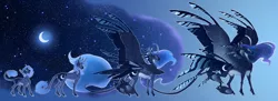 Size: 4000x1460 | Tagged: safe, artist:turnipberry, deleted from derpibooru, derpibooru import, princess luna, alicorn, bat pony, classical unicorn, unicorn, age, age progression, alternate universe, blue background, cheek feathers, cloven hooves, colored hooves, curved horn, cutie mark, dewclaw, ethereal mane, female, filly, filly luna, foal, headcanon, horn, large wings, leonine tail, mare, night, older, pale belly, past, race swap, simple background, solo, spread wings, starry backdrop, stars, teenager, unicorn luna, unshorn fetlocks, winged hooves, wings, younger
