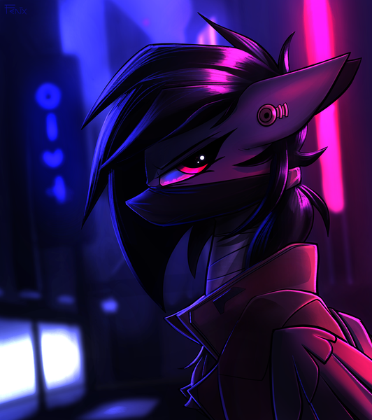 Size: 3600x4057 | Tagged: safe, artist:fenixdust, derpibooru import, oc, oc:elixir, unofficial characters only, pegasus, pony, bandage, bandana, clothes, female, futuristic, jacket, mare, neon, neon sign, solo