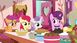 Size: 1920x1080 | Tagged: safe, derpibooru import, screencap, apple bloom, scootaloo, sugar belle, sweetie belle, pony, the big mac question, cutie mark crusaders, food, nut, pie