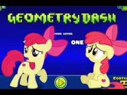 Size: 480x360 | Tagged: safe, derpibooru import, apple bloom, pony, cutie mark, demon level, game, gamer, geometry dash, level, level one, play, round one, sitting, stereo madness