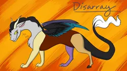 Size: 1192x670 | Tagged: abstract background, adopted offspring, artist:moni8324, chest fluff, derpibooru import, draconequus, draconequus oc, female, grin, oc, oc:disarray, parent:discord, parent:princess celestia, quadrupedal, safe, smiling, solo, unofficial characters only