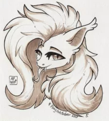 Size: 609x680 | Tagged: safe, artist:airfly-pony, derpibooru import, fluttershy, bat pony, pony, bat ponified, bust, chest fluff, ear fluff, fangs, female, flutterbat, inktober, marker drawing, messy mane, race swap, simple background, solo, tongue out, traditional art, white background