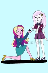 Size: 742x1113 | Tagged: safe, artist:fude-chan-art, derpibooru import, fleur-de-lis, princess cadance, equestria girls, clothes, crystal prep academy uniform, dean cadance, female, fleurdance, infidelity, jewelry, lesbian, marriage proposal, ring, school uniform, shipping