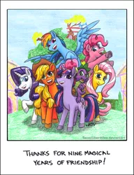 Size: 720x937 | Tagged: safe, artist:texasuberalles, derpibooru import, applejack, fluttershy, pinkie pie, rainbow dash, rarity, spike, twilight sparkle, dragon, earth pony, pegasus, pony, unicorn, colored pencil drawing, cowboy hat, dragons riding ponies, end of ponies, female, frog (hoof), golden oaks library, group photo, happy birthday mlp:fim, hat, looking at you, male, mane seven, mane six, mare, marker drawing, mlp fim's ninth anniversary, raised hoof, riding, smiling, telescope, traditional art, underhoof, unicorn twilight
