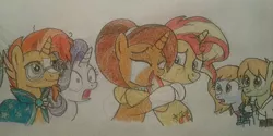Size: 1447x726 | Tagged: safe, artist:jebens1, derpibooru import, starlight glimmer, stellar flare, sunburst, sunset shimmer, ponified, earth pony, pegasus, pony, unicorn, brother and sister, crossover, crying, hug, mind blown, reunion, siblings, story included, sunny siblings, teenage mutant ninja turtles, traditional art