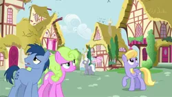 Size: 1920x1080 | Tagged: safe, derpibooru import, screencap, blues, cloud kicker, daisy, flower wishes, noteworthy, royal riff, earth pony, pegasus, pony, the big mac question, confused, female, folded wings, frown, looking up, male, mare, ponyville, raised eyebrow, raised hoof, stallion, wings