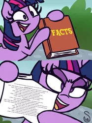 Size: 3420x4568 | Tagged: safe, artist:quarium, artist:quarium edits, derpibooru import, edit, twilight sparkle, twilight sparkle (alicorn), alicorn, pony, season 9, spoiler:s09, 2 panel comic, bipedal, book, caption, comic, ed edd n eddy, exploitable, exploitable meme, facts, female, finale, glare, high res, hoof hold, image macro, info, lidded eyes, mare, meme, open mouth, pointing, schedule, smiling, smirk, solo, spread wings, text, time, twilight's fact book, wide eyes, wings