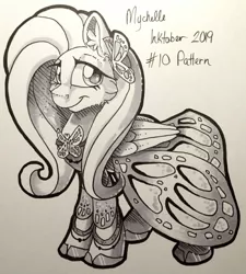 Size: 1843x2048 | Tagged: safe, artist:mychelle, derpibooru import, fluttershy, pony, clothes, dress, inktober, inktober 2019, monochrome, solo, traditional art