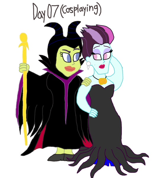 Size: 1500x1668 | Tagged: safe, artist:ktd1993, derpibooru import, principal abacus cinch, victoria, equestria girls, 30 day otp challenge, cinchtoria, clothes, cosplay, costume, female, lesbian, maleficent, shipping, ursula