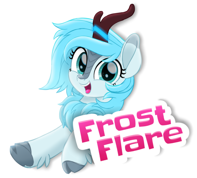 Size: 1414x1273 | Tagged: artist:prince-lionel, badge, cloven hooves, convention badge, cute, derpibooru import, kirin, kirin oc, magic, movie accurate, oc, oc:frost flare, safe, simple background, smiling, text, transparent background