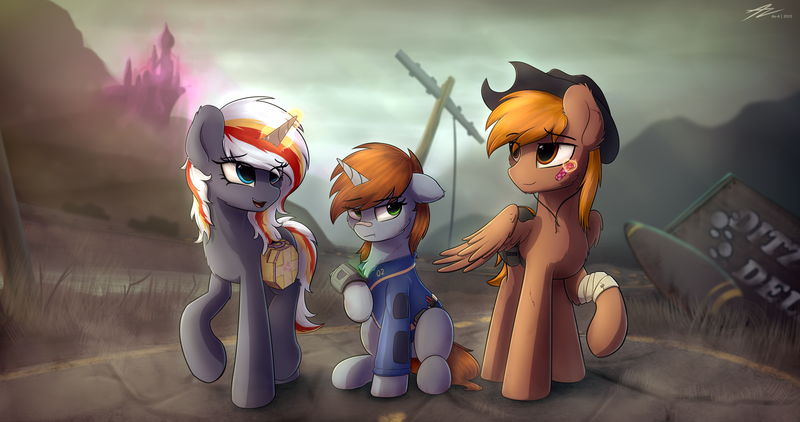 Size: 3864x2040 | Tagged: safe, artist:av-4, artist:avastin4, derpibooru import, oc, oc:calamity, oc:littlepip, oc:velvet remedy, unofficial characters only, pegasus, pony, unicorn, fallout equestria, fanfic, bag, bandage, bandaid, canterlot, canterlot castle, chest fluff, clothes, cowboy hat, dashite, eye clipping through hair, fanfic art, female, floppy ears, fluttershy medical saddlebag, glowing horn, hat, hooves, horn, looking at you, magic, male, mare, medical saddlebag, open mouth, patch, pink cloud (fo:e), pipbuck, power line, raised hoof, road, saddle bag, sitting, smiling, stallion, telekinesis, vault suit, wasteland, wings