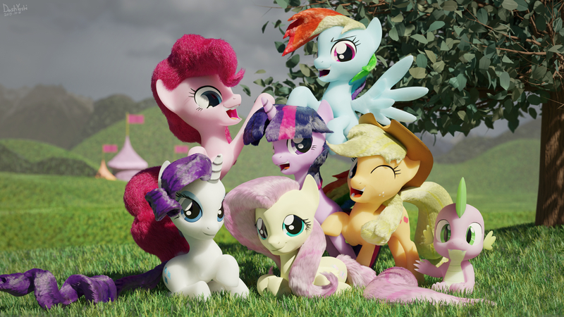 Size: 3840x2160 | Tagged: safe, artist:dashyoshi, derpibooru import, applejack, fluttershy, pinkie pie, rainbow dash, rarity, spike, twilight sparkle, dragon, earth pony, pegasus, pony, unicorn, 3d, anniversary, blender, blender cycles, grass, happy birthday mlp:fim, mane seven, mane six, mane six opening poses, mlp fim's ninth anniversary, tree