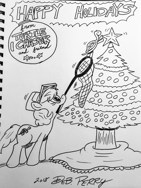 Size: 2855x3796 | Tagged: safe, artist:debmervin, derpibooru import, oc, oc:turtle chaser, pony, turtle, black and white, christmas, christmas tree, grayscale, holiday, monochrome, net, tree