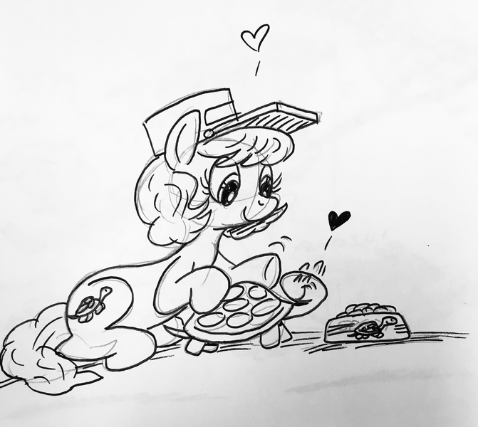 Size: 2960x2645 | Tagged: safe, artist:debmervin, derpibooru import, oc, oc:turtle chaser, pony, turtle, black and white, cute, food, grayscale, hat, monochrome, petting