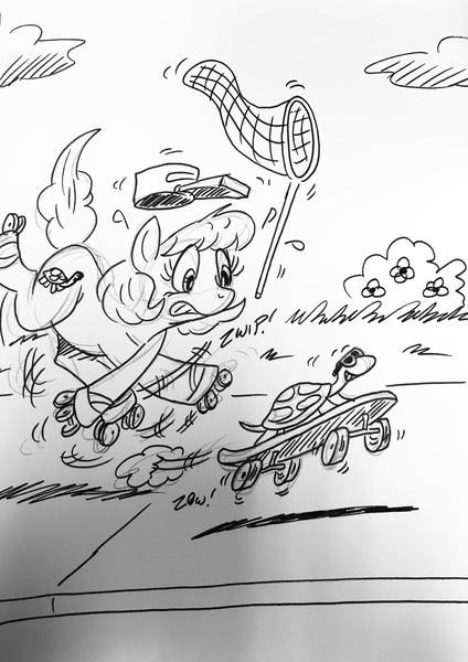 Size: 2765x3917 | Tagged: safe, artist:debmervin, derpibooru import, oc, oc:turtle chaser, pony, turtle, black and white, chase, grayscale, monochrome, net, roller skates, sidewalk, skateboard, tripping