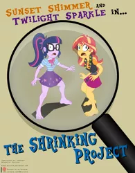 Size: 1000x1280 | Tagged: safe, artist:niban-destikim, derpibooru import, sci-twi, sunset shimmer, twilight sparkle, comic:the shrinking project, equestria girls, barefoot, commission, cover, feet, geode of empathy, geode of telekinesis, magical geodes, magnifying glass, micro
