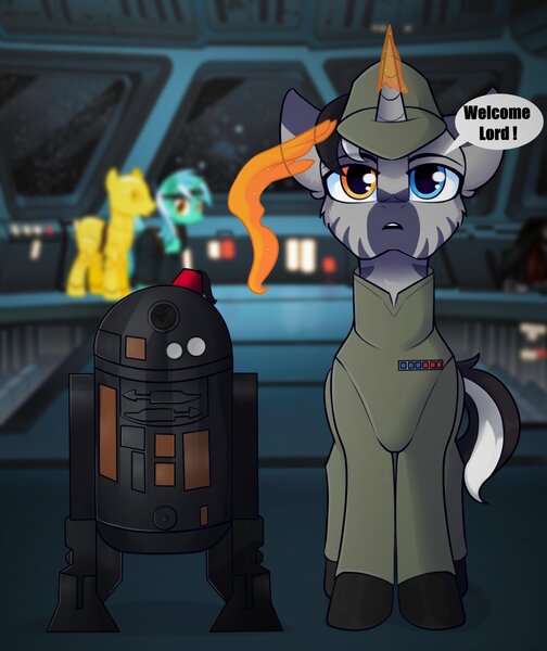 Size: 1814x2160 | Tagged: artist:shadowreindeer, astromech droid, commission, derpibooru import, droid, fez, galactic empire, hat, heterochromia, imperial, lyra heartstrings, oc, robot, safe, spaceship, star destroyer, star wars, zebra, zebracorn, zebra oc