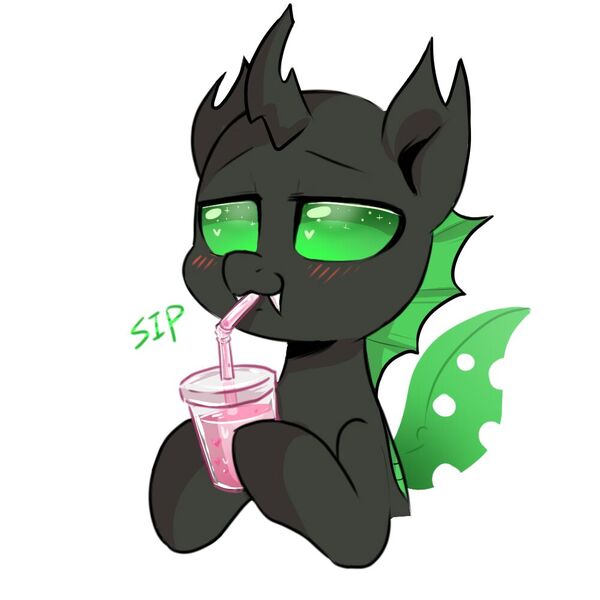 Size: 1000x1000 | Tagged: artist:colorfulcolor233, blushing, changeling, derpibooru import, green changeling, love juice, no source available, oc, oc:firefly nightglow, quadrupedal, safe, simple background, sipping, solo, white background