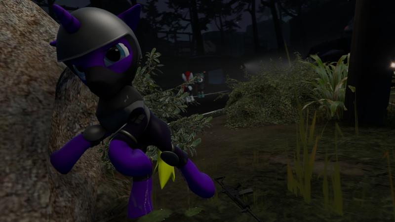 Size: 3840x2160 | Tagged: suggestive, artist:purplehue, derpibooru import, oc, oc:purple hue, unofficial characters only, pegasus, pony, unicorn, 3d, clothes, female, gun, male, night, outdoors, pissing, relief, roadblock, source filmmaker, standing, swat, truck, urine, using the bathroom in the woods, weapon