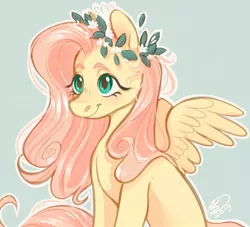 Size: 938x852 | Tagged: safe, artist:toybites, derpibooru import, fluttershy, pegasus, pony, bust, cute, female, floral head wreath, flower, looking away, mare, outline, portrait, shyabetes, simple background, sitting, smiling, solo, spread wings, three quarter view, white outline, wings