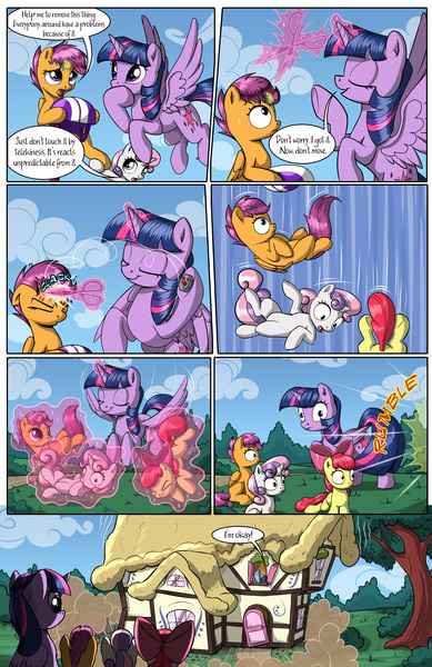 Size: 2030x3130 | Tagged: safe, artist:sirzi, derpibooru import, apple bloom, scootaloo, sweetie belle, twilight sparkle, twilight sparkle (alicorn), alicorn, earth pony, pegasus, pony, unicorn, comic:talisman for a pony, bow, clothes, comic, cutie mark crusaders, female, filly, glowing horn, hair bow, helmet, horn, jackie chan adventures, magic, scissors, smuglight sparkle, speech bubble, talisman, telekinesis, that was easy, trio