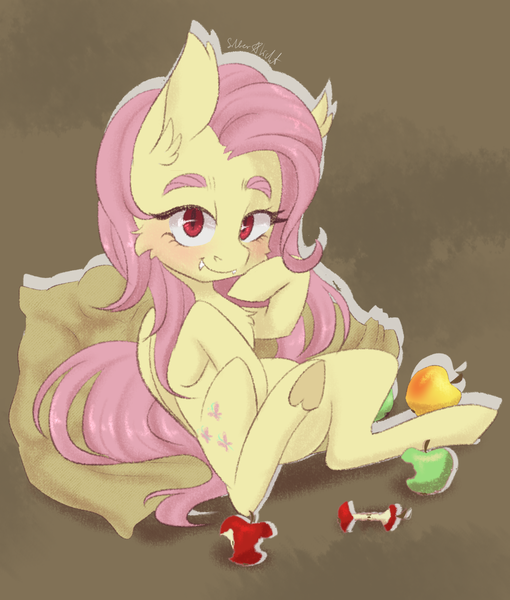 Size: 1700x2000 | Tagged: safe, artist:silbersternenlicht, derpibooru import, fluttershy, bat pony, pony, apple, apple core, bat ponified, cheek fluff, chest fluff, cute, cute little fangs, ear fluff, fangs, female, flutterbat, folded wings, food, looking at you, mare, on back, race swap, raised hoof, red eyes, sitting, smiling, solo, three quarter view, underhoof, wings