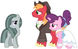 Size: 2043x1287 | Tagged: safe, derpibooru import, big macintosh, marble pie, sugar belle, pony, the big mac question, approval, best wishes, bittersweet, clothes, congratulations, dress, female, friends, friendship, friendshipping, hat, headcanon, heartwarming, hope, husband and wife, i want my beloved to be happy, just friends, male, married, married couple, moving on, ship sinking, shipping, shirt, song reference, straight, sugarmac, suit, thanks, vest, wedding dress, youtube link