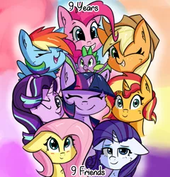 Size: 3371x3509 | Tagged: safe, artist:artiks, derpibooru import, applejack, fluttershy, pinkie pie, rainbow dash, rarity, spike, starlight glimmer, sunset shimmer, twilight sparkle, twilight sparkle (alicorn), alicorn, dragon, earth pony, pegasus, pony, unicorn, blushing, bust, cheek fluff, chest fluff, cute, ear fluff, female, floppy ears, group photo, happy birthday mlp:fim, male, mane eight, mane seven, mane six, mare, mlp fim's ninth anniversary, multicolored background, portrait, smiling, text, wide smile, winged spike