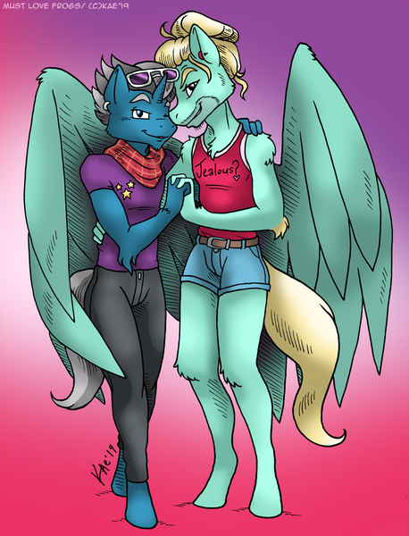 Size: 915x1200 | Tagged: anthro, artist:kaemantis, clothes, derpibooru import, fashionbreeze, fashion plate, gay, male, pants, safe, shipping, shirt, shorts, unguligrade anthro, zephyr breeze