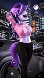 Size: 2160x3840 | Tagged: suggestive, artist:calveen, derpibooru import, starlight glimmer, anthro, unicorn, 3d, alternate hairstyle, arm behind head, aviator glasses, beanie, belly button, belly piercing, bellyring, breasts, bridge, building, busty starlight glimmer, candy, car, chinese text, clothes, ferris wheel, food, hat, key, leggings, lollipop, mazda, mazda rx8, midriff, moon, night, piercing, plane, short shirt, sign, solo, source filmmaker, sunglasses, train car