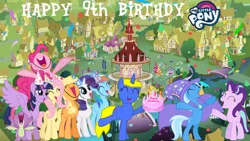 Size: 1280x720 | Tagged: safe, artist:kayman13, derpibooru import, applejack, fluttershy, pinkie pie, rainbow dash, rarity, spike, starlight glimmer, trixie, twilight sparkle, twilight sparkle (alicorn), oc, oc:kellen, alicorn, dragon, earth pony, pegasus, pony, unicorn, birthday cake, cake, food, happy birthday, happy birthday mlp:fim, hat, mane seven, mane six, mlp fim's ninth anniversary, party hat, winged spike