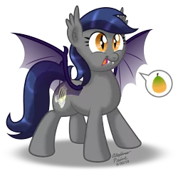 Size: 899x889 | Tagged: safe, artist:aleximusprime, derpibooru import, oc, oc:echo, unofficial characters only, bat pony, pony, bat pony oc, bat wings, excited, female, food, hungry, mango, mare, mascot, ococtober, pictogram, sharp teeth, slit eyes, slit pupils, solo, teeth, translucent, wings