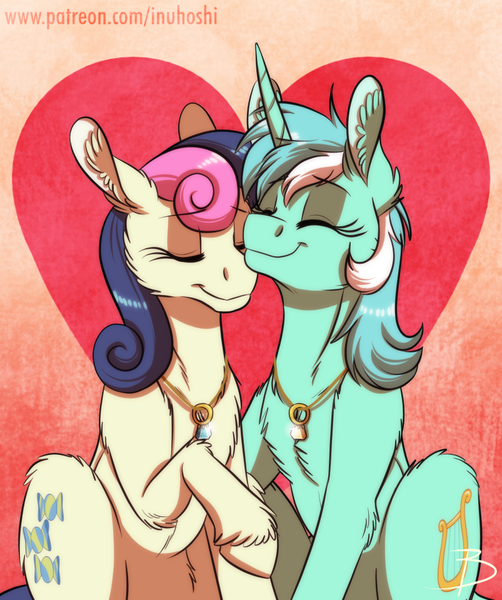 Size: 803x960 | Tagged: safe, artist:inuhoshi-to-darkpen, derpibooru import, bon bon, lyra heartstrings, sweetie drops, earth pony, pony, unicorn, the big mac question, canon ship, cloven hooves, cutie mark, engagement ring, eyes closed, female, heart, heart background, jewelry, lesbian, lyrabon, mare, married couple, necklace, raised hoof, shipping, sitting, smiling, unshorn fetlocks